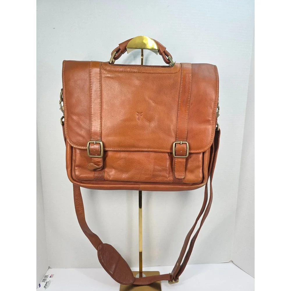Frye Logan Messenger Bag Cognac Leather Laptop Satchel Crossbody Briefcase Brown